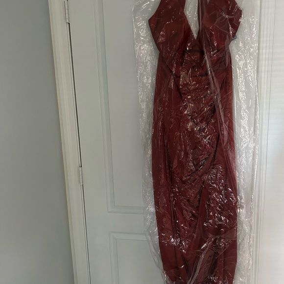 Charmeuse halter bridesmaid dress - color is Cinnamon - Picture 3 of 5